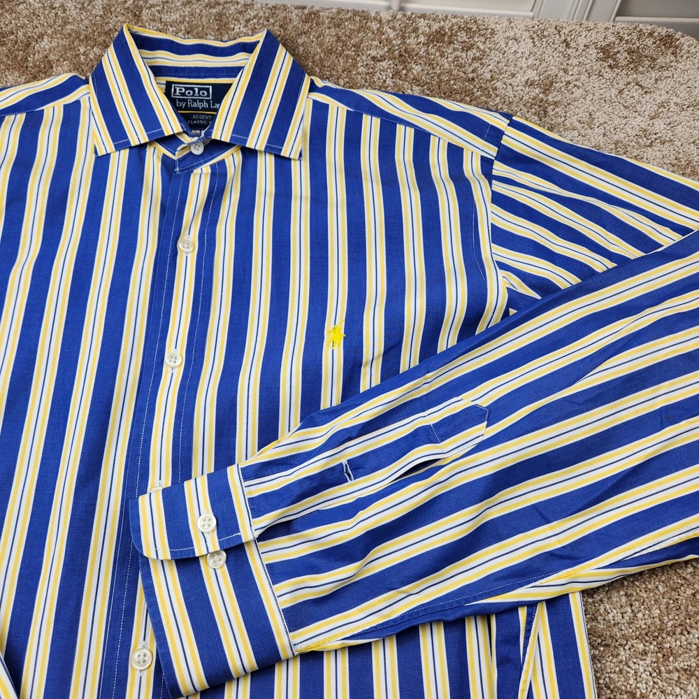 Polo Ralph Lauren Regent Classic Fit Blue Yellow Striped Cotton Shirt Mens 16 L